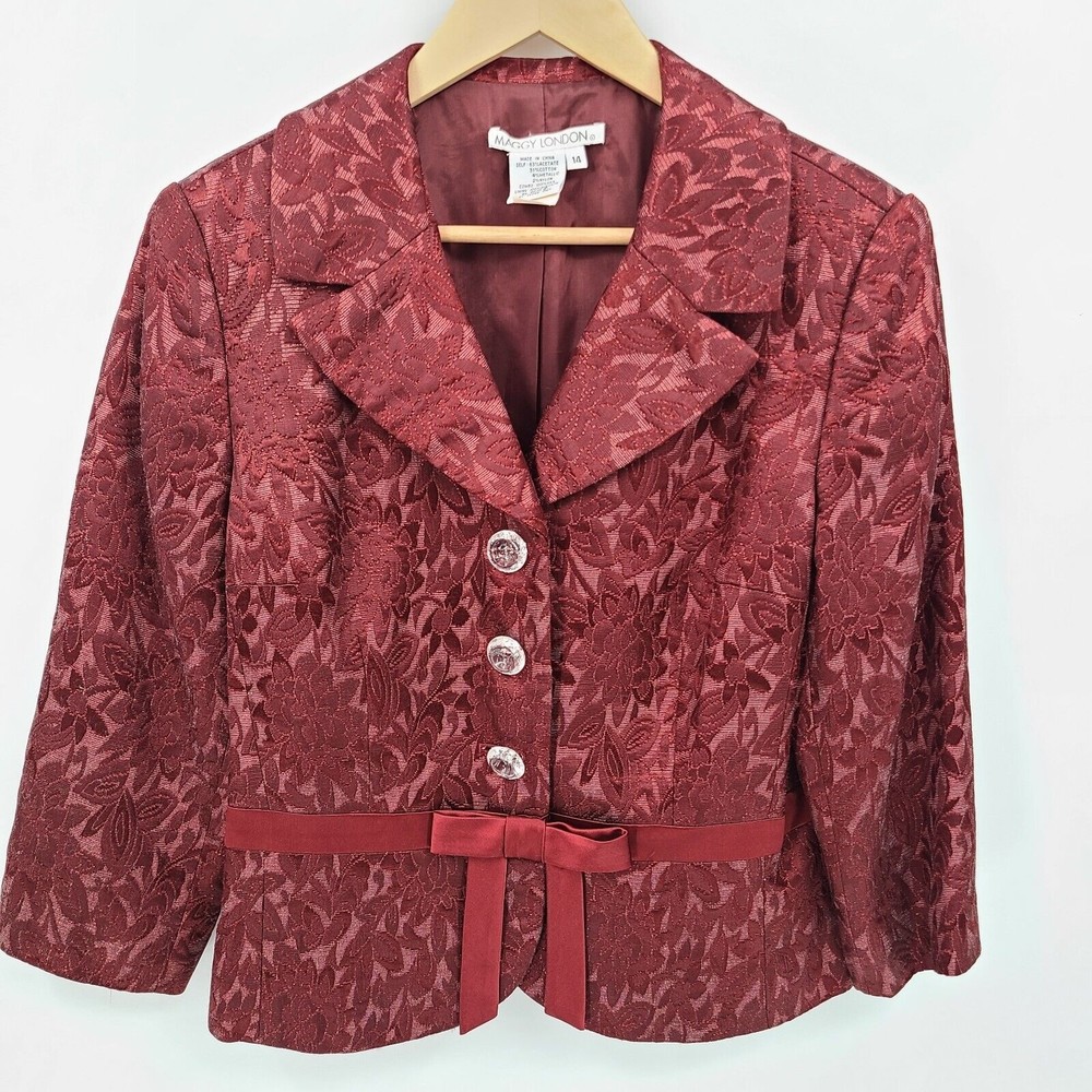Maggy London jacquard floral blazer bow gem cut buttons womens 14 red